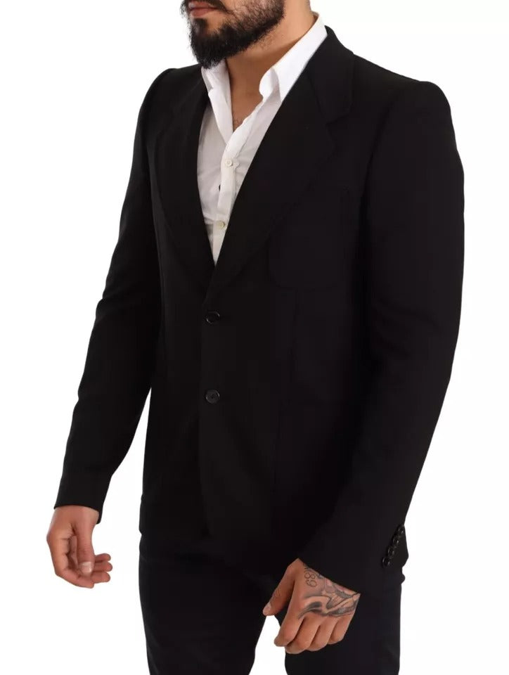 Manteau blazer noir en laine Dolce & Gabbana, coupe slim, élégance moderne, visible détails du col et des poches.