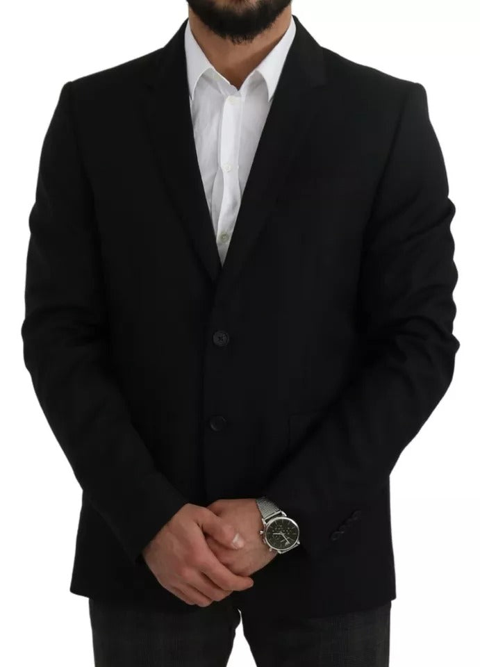 Veste blazer en laine noire Dolce & Gabbana à coupe slim, col en pointe et style élégant, vue de face.