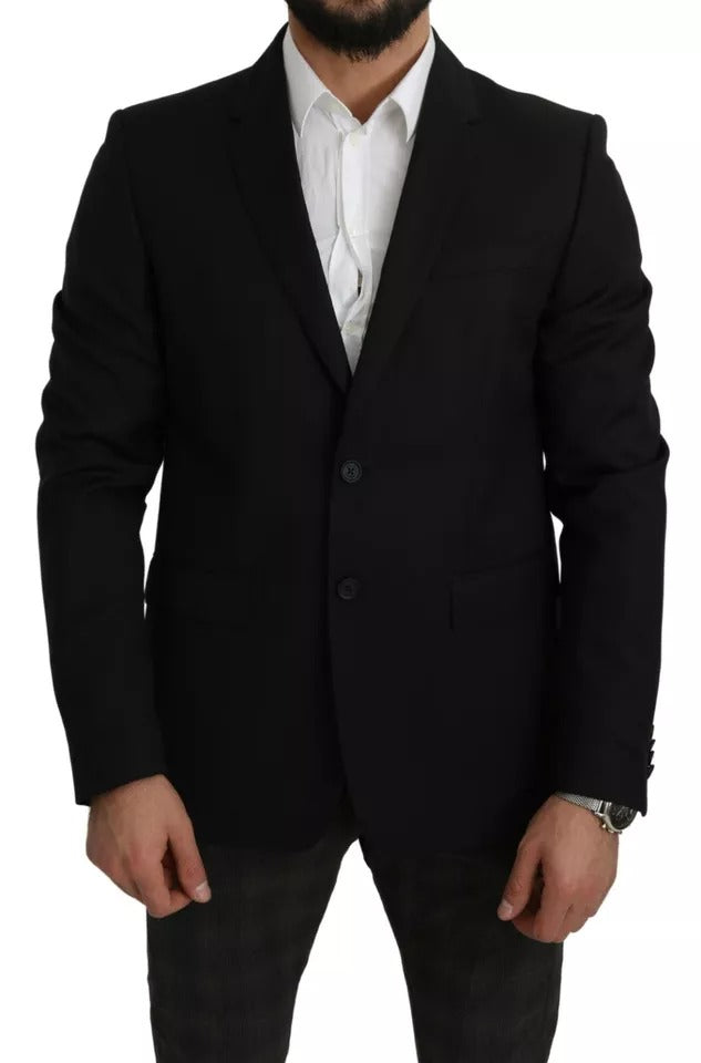 Veste blazer noire en laine à coupe slim fit de Dolce & Gabbana, avec col à revers et boutons devant.