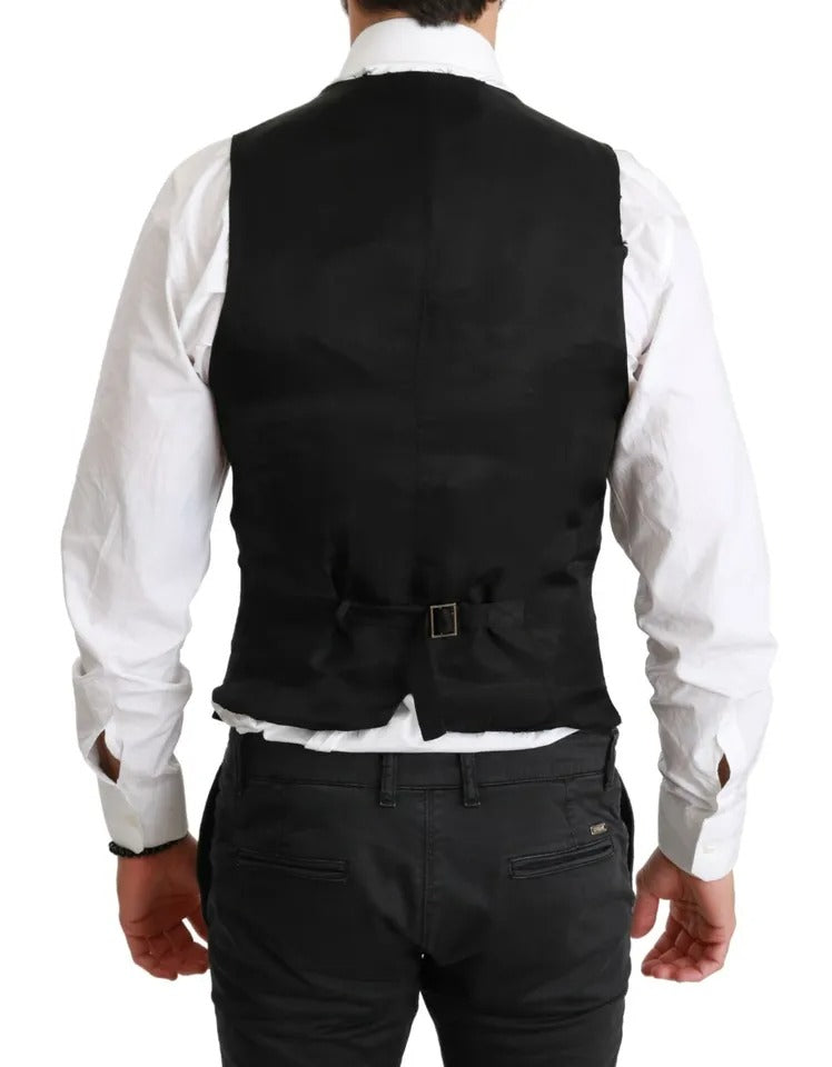 Gilet noir Dolce & Gabbana en tissu solide, coupe slim, veste de costume élégante pour homme.