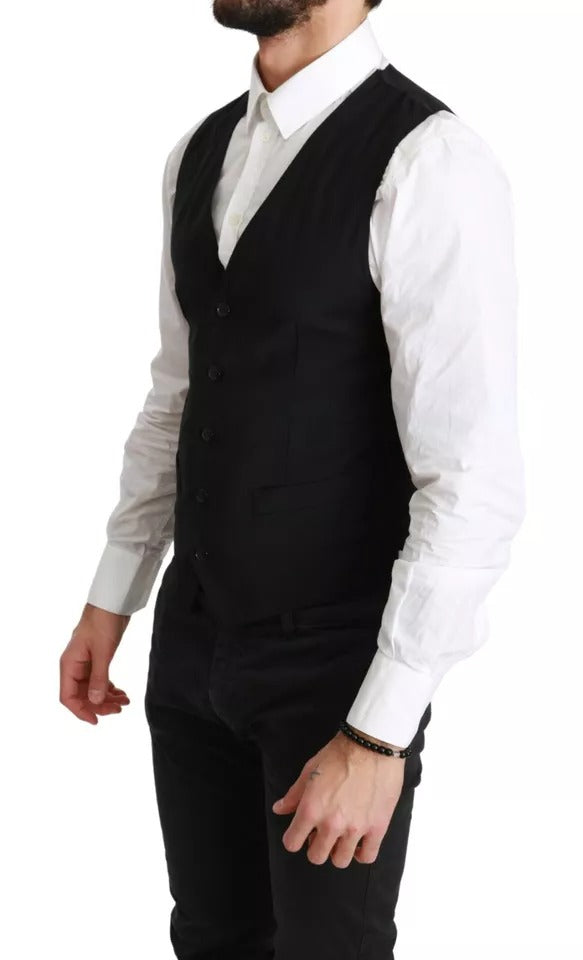 Gilet noir Dolce & Gabbana, coupe slim, en tissu uni, élégant et ajusté pour homme.
