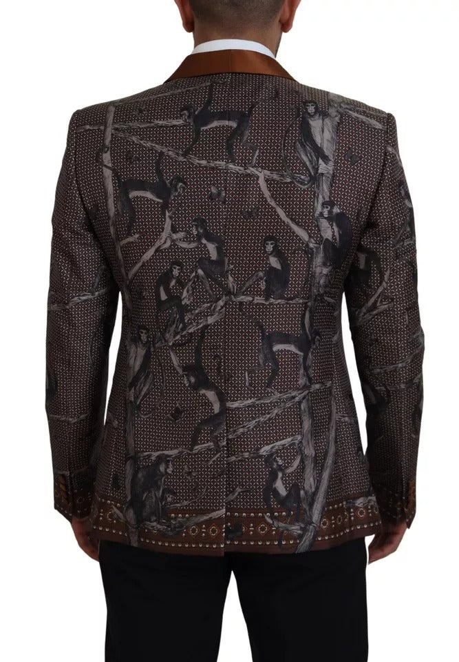 Veste blazer en soie Dolce & Gabbana avec motif de singe bronze, coupe slim, élégante et sophistiquée.