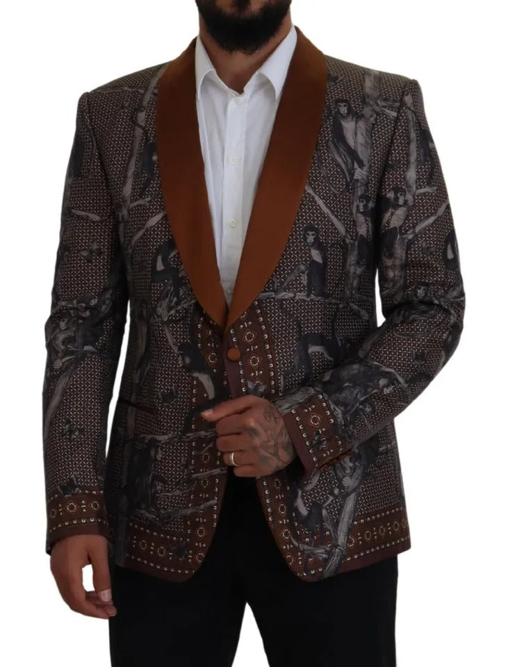 Veste blazer en soie avec imprimé singe bronze de Dolce & Gabbana, coupe slim, élégant et sophistiqué.