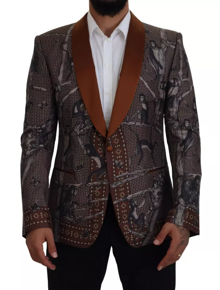 Veste slim en soie Dolce & Gabbana avec motif de singe bronze, blazer élégant et ajusté, détail de mode sophistiqué.