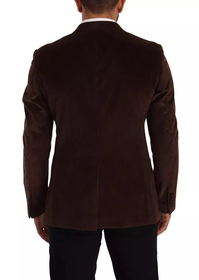Blazer slim en velours côtelé marron de Dolce & Gabbana avec logo DG, élégant et ajusté, porté sur un mannequin.