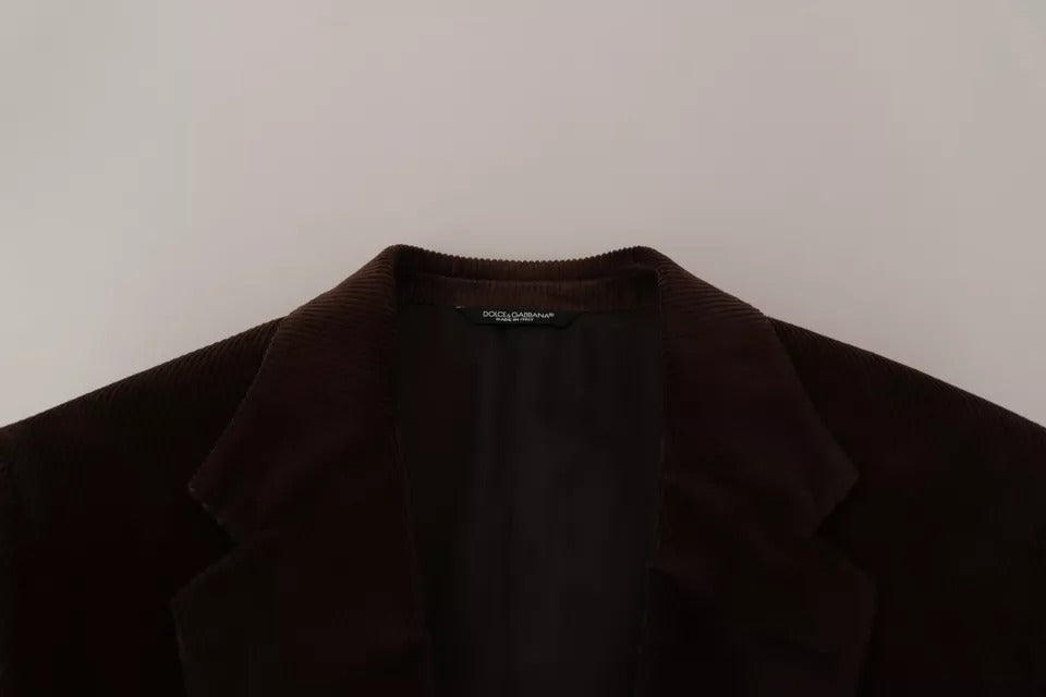 Manteau en velours côtelé marron Dolce & Gabbana Slim Fit avec logo DG, blazer élégant pour homme.