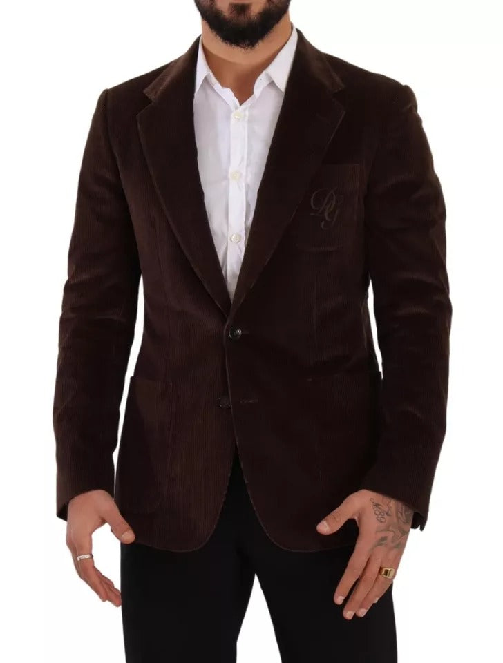 Veste en velours côtelé marron Dolce & Gabbana Slim Fit avec logo DG, blazer élégant et ajusté.