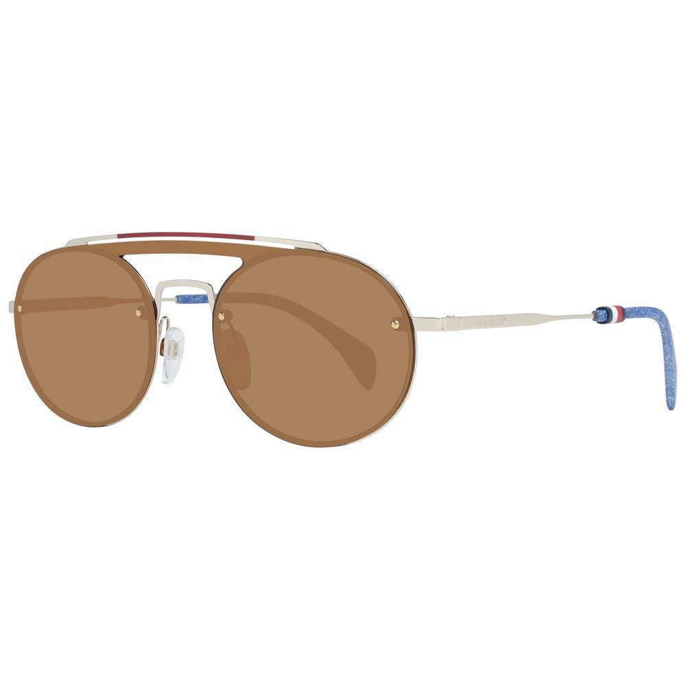 Lunettes de soleil Tommy Hilfiger en métal doré et plastique, mode élégante et moderne, vue de face avec monture brillante.