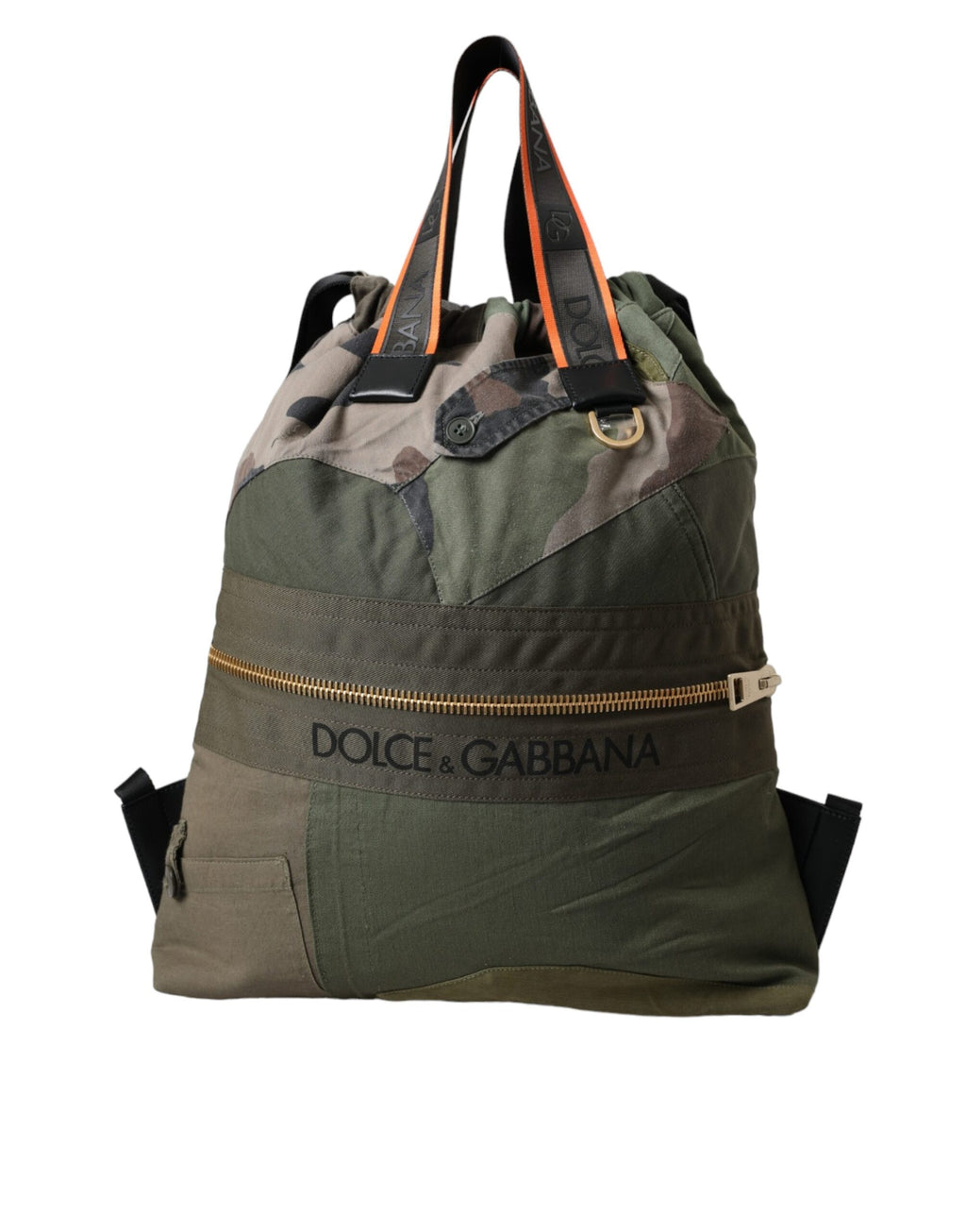 Sac à dos Dolce & Gabbana vert militaire en patchwork avec plusieurs poches et détails en tissu robuste.