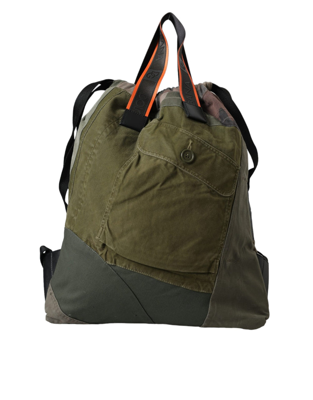 Sac à dos Dolce & Gabbana vert militaire avec patchwork, style robuste et tendance, en cuir et tissu.