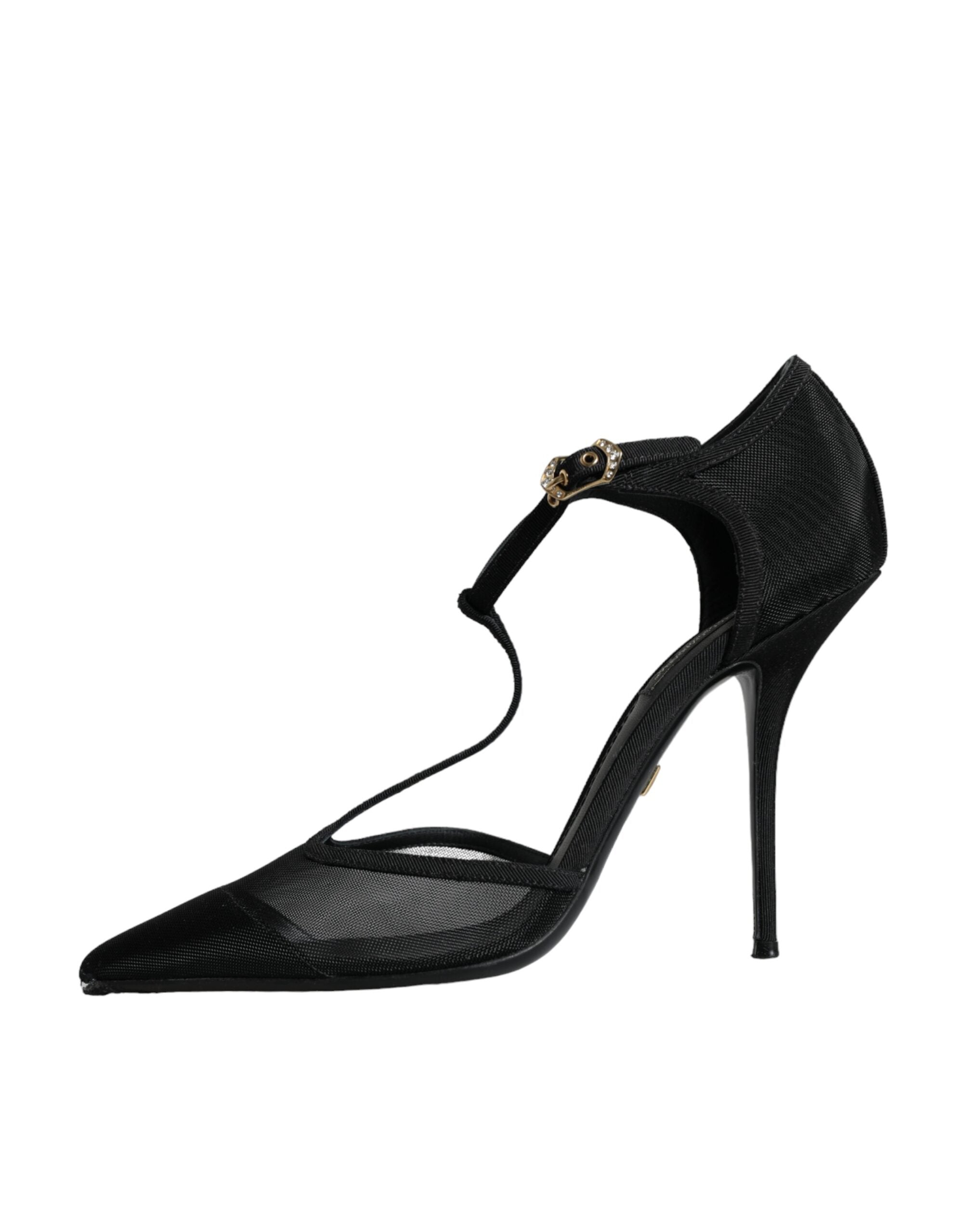 Escarpins à talons aiguilles en résille noire avec bride en T de la marque Dolce & Gabbana, vue de côté