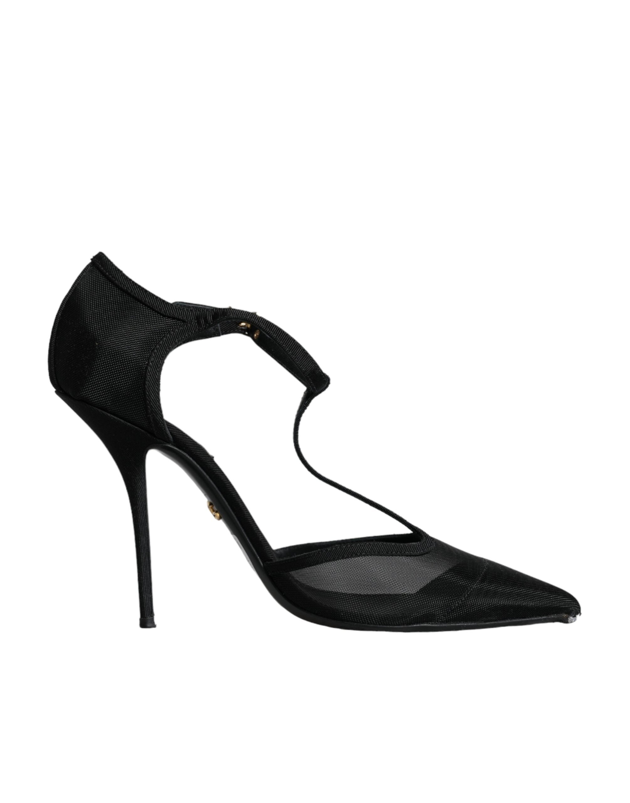 Chaussures à talons stilettos en mesh noir Dolce & Gabbana avec bride T-strap et semelle fine.