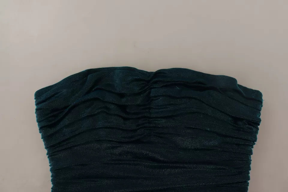 Robe midi bustier turquoise Dolce & Gabbana avec drapé élégant et silhouette flatteuse, vue de face.