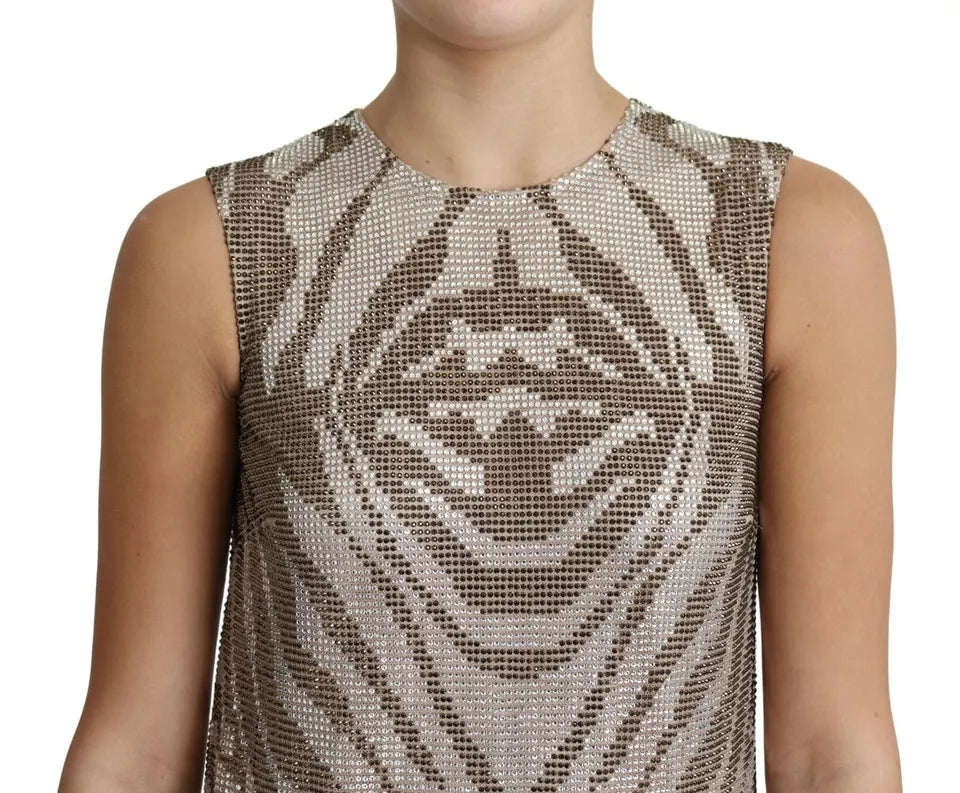 Robe courte en soie marron Dolce & Gabbana avec cristaux, motif zèbre argenté, style élégant et sophistiqué.