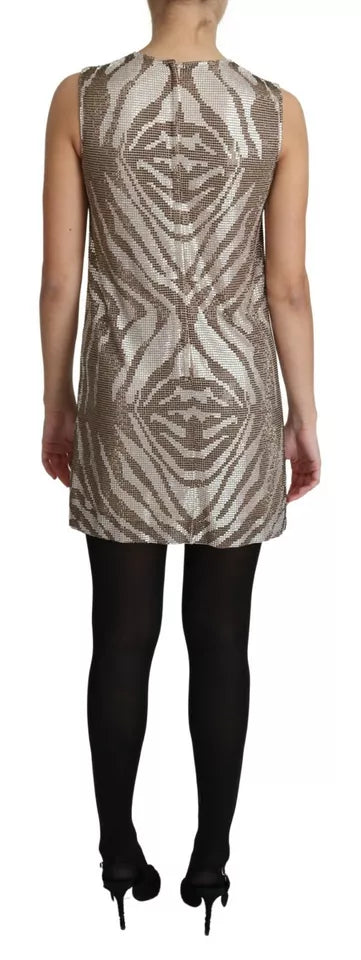Robe Mini Dolce & Gabbana en soie marron avec cristaux, motif zèbre argenté, coupe élégante et détails brillants.
