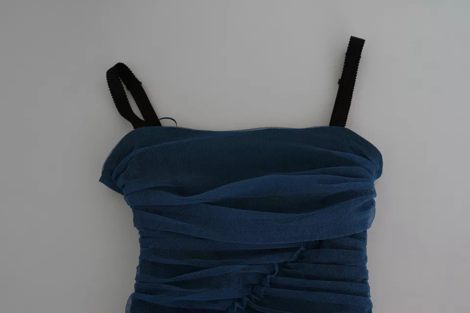 Robe midi en tulle bleu Dolce & Gabbana, coupe ajustée en coton avec drapé élégant, pour une allure sophistiquée.