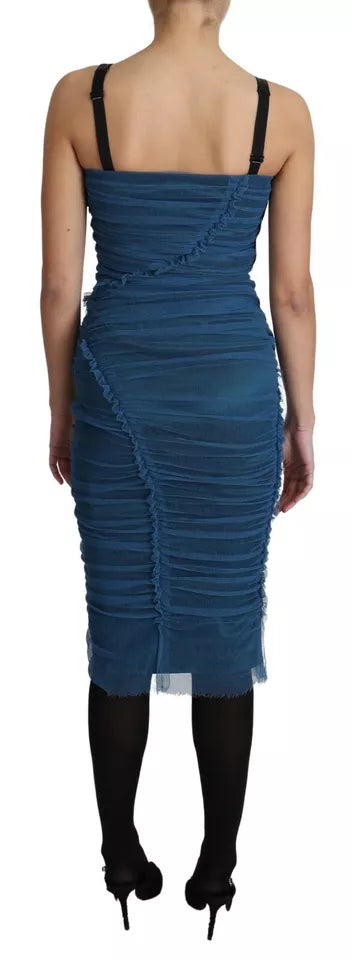 Robe midi en tulle bleu Dolce & Gabbana, coupe drapée, conçue en coton, élégante et sophistiquée.
