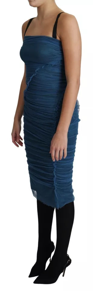 Robe midi en tulle bleu Dolce & Gabbana, coupe drapée et ajustée en coton, élégante et sophistiquée.