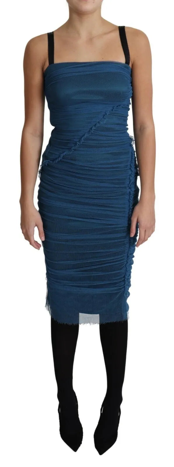 Robe mi-longue en tulle bleu Dolce & Gabbana, coupe droite, avec drapé élégant et tissu en coton, vue de face.