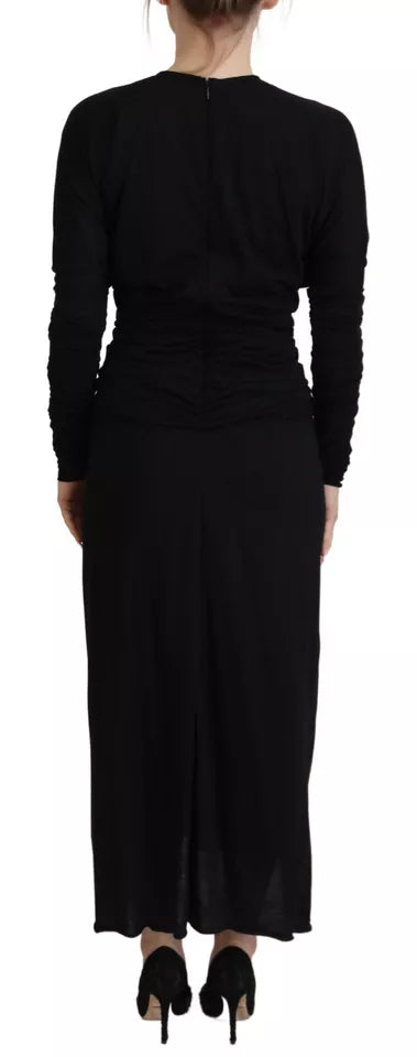 Robe midi noire de couture Dolce & Gabbana en laine avec ceinture portefeuille, robe élégante et sophistiquée.