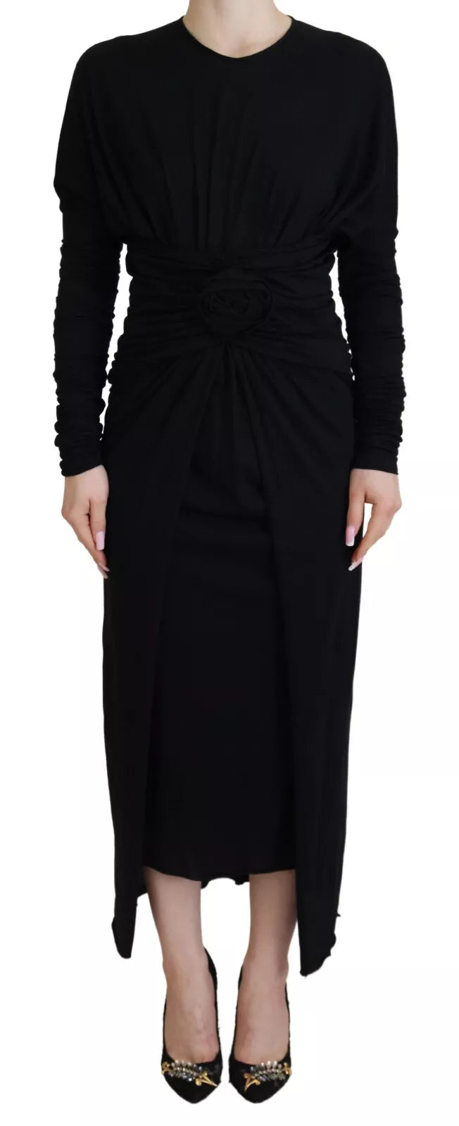 Robe midi noire en laine Dolce & Gabbana, robe fourreau élégante avec détail enroulé, vue de face sur mannequin.