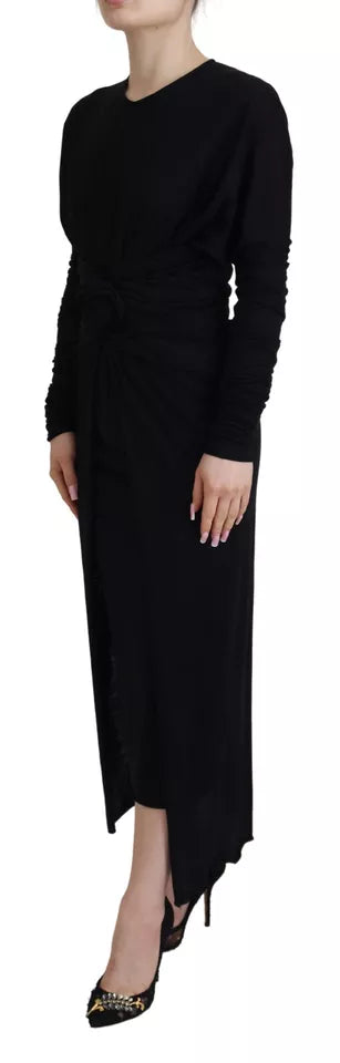 Robe longue noire en laine Dolce & Gabbana, robe droite mi-longue élégante avec ceinture enveloppante, vue de face.