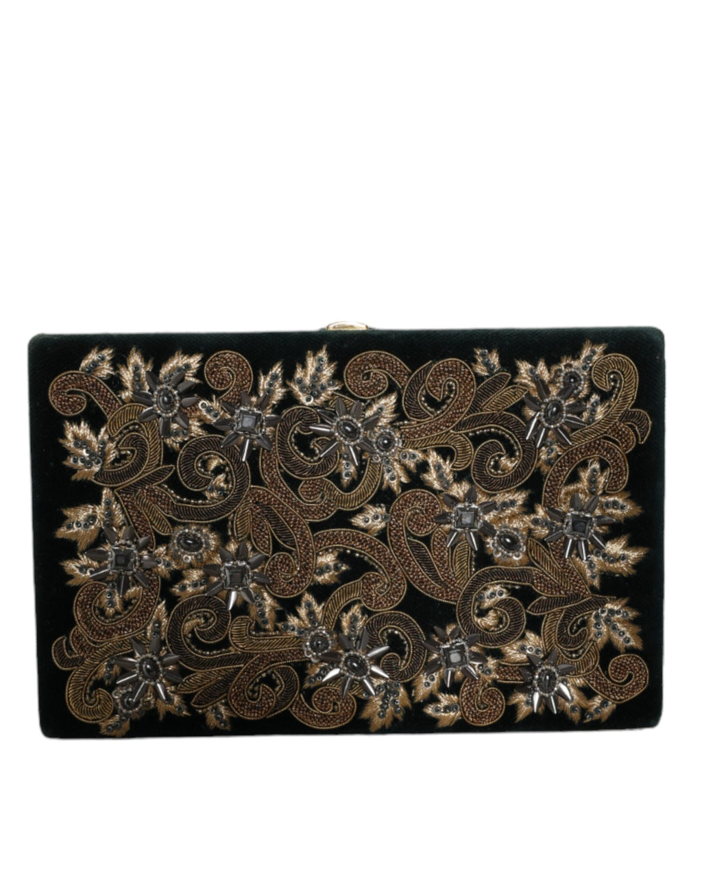 Sac pochette Dolce & Gabbana en velours noir avec cadre or pour soirée et fête, élégant et sophistiqué.
