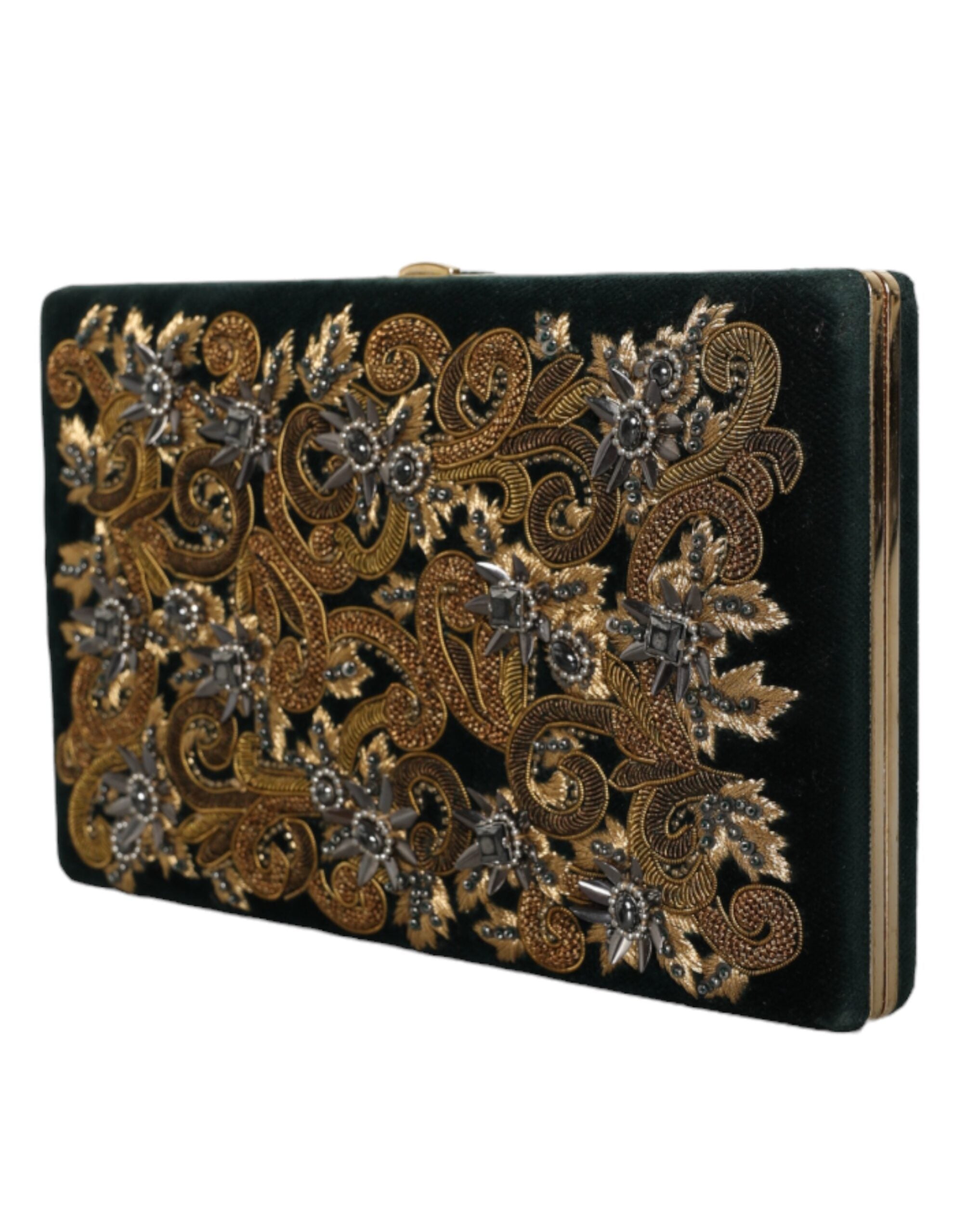 Sac pochette en velours noir Dolce & Gabbana avec cadre doré pour soirée et fêtes, élégant et sophistiqué.