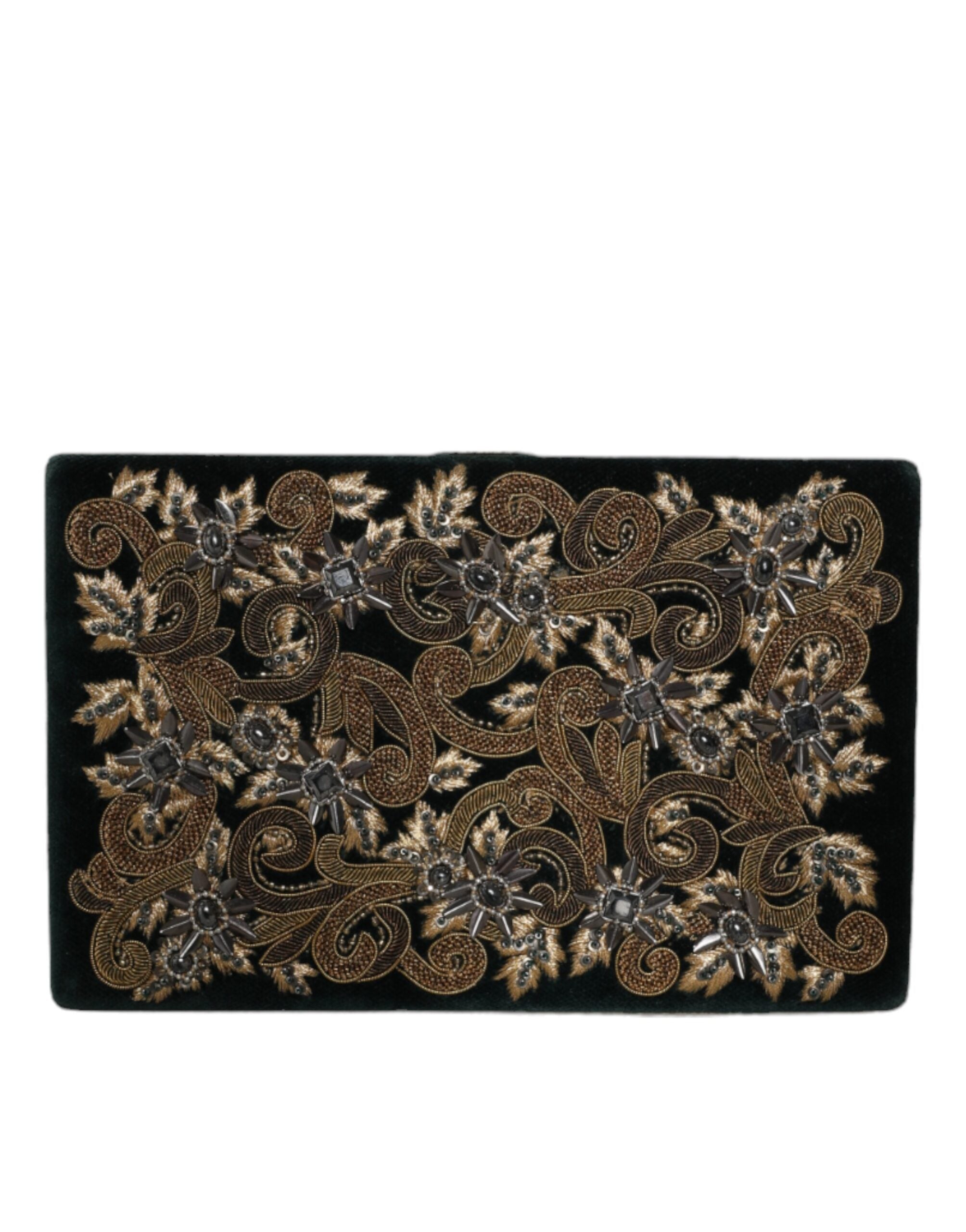 Sac clutch en velours noir Dolce & Gabbana avec cadre doré, idéal pour soirée et événements élégants.