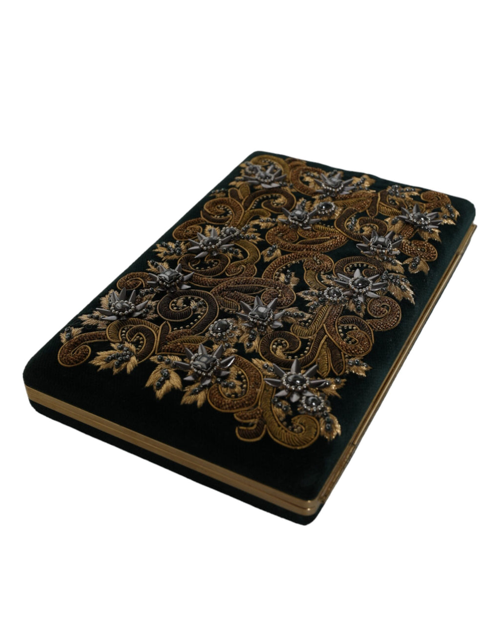 Pochette de soirée Dolce & Gabbana en velours noir avec cadre doré, idéale pour soirée élégante et événement spécial.