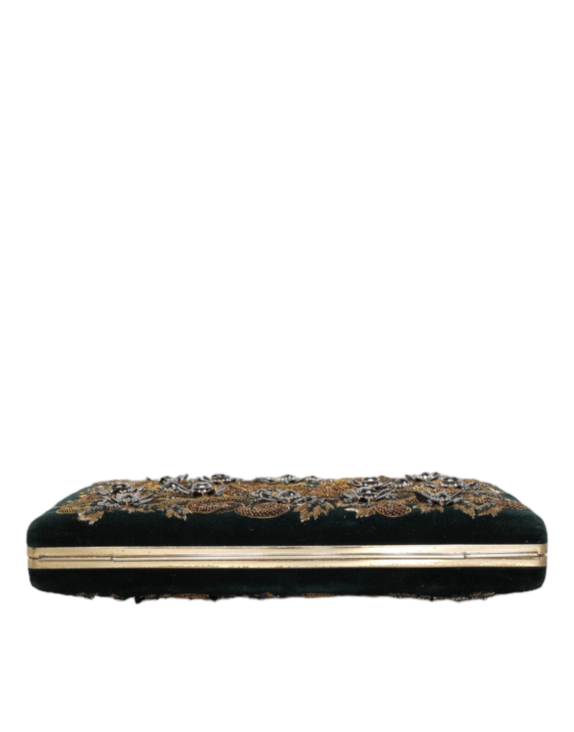 Sac clutch Dolce & Gabbana en velours noir avec cadre en or, élégant pour soirée et fête.