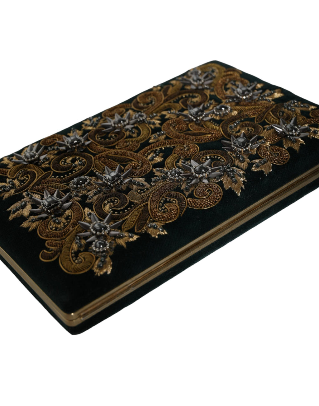 Sac pochette Dolce & Gabbana en velours noir avec cadre doré, idéal pour soirée et événements élégants.