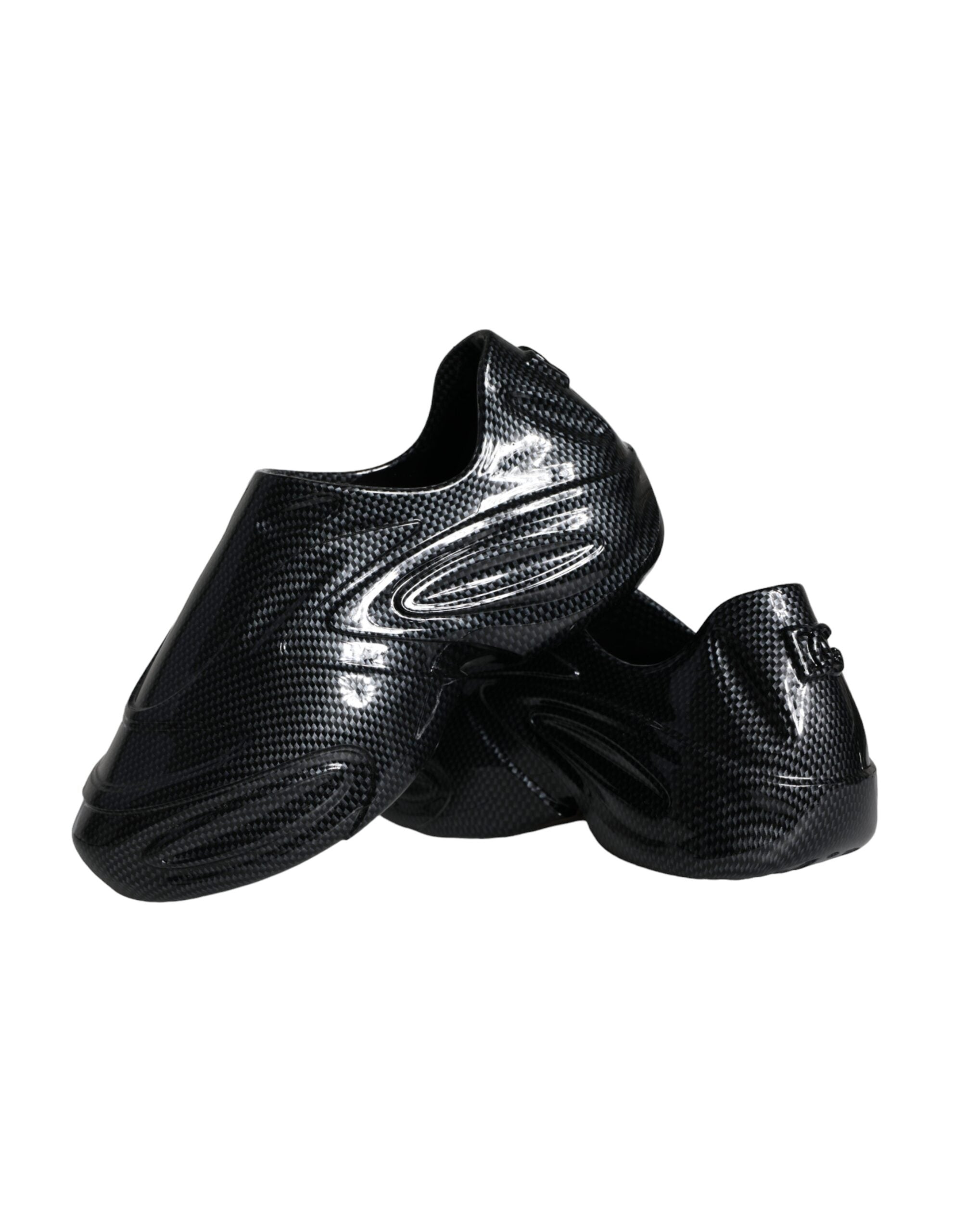 Chaussures sneakers basses pour hommes Dolce & Gabbana en caoutchouc noir brillant avec détails métalliques.