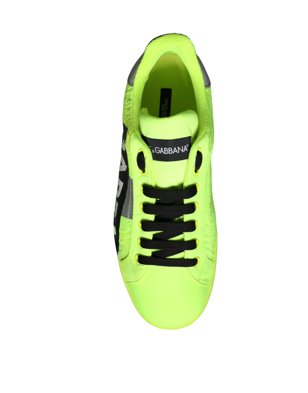 Chaussures sneakers basses Dolce & Gabbana avec bande logo verte néon, design moderne et sportive.