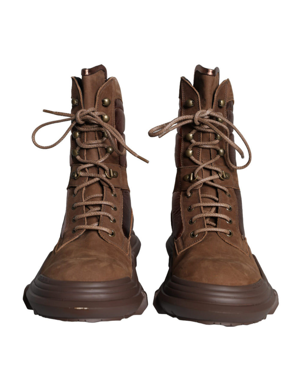 Bottes militaires pour hommes en cuir suédé marron Dolce & Gabbana, style robuste et élégant, avec semelle épaisse et détails modernes