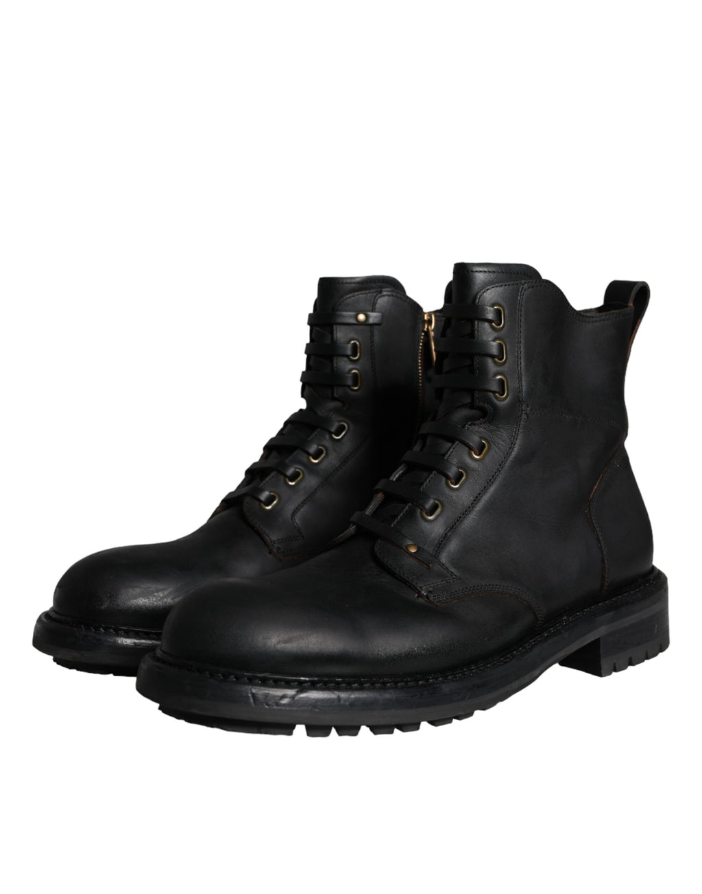 Bottes homme Dolce & Gabbana en cuir noir avec lacets, mi-mollet, style élégant et sophistiqué.