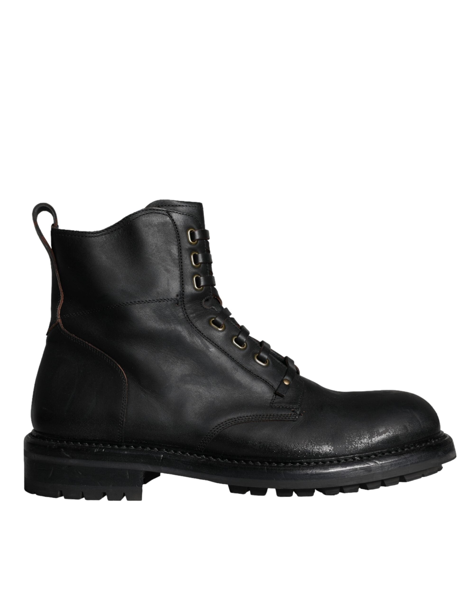 Bottes pour homme Dolce & Gabbana en cuir noir avec lacets et mi-mollet, style élégant et sophistiqué.