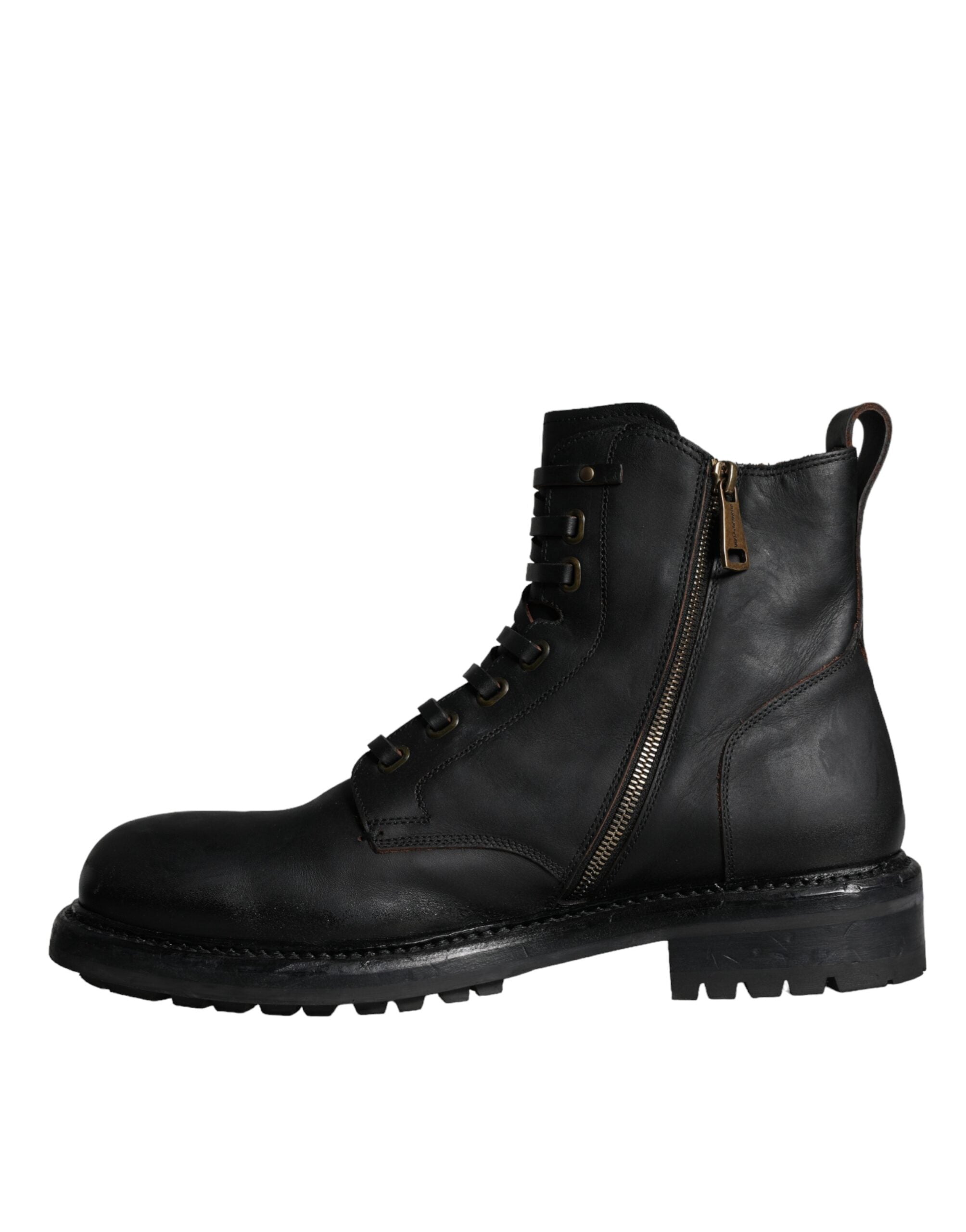 Bottes pour homme Dolce & Gabbana en cuir noir à lacets, mi-mollet, style élégant et sophistiqué.