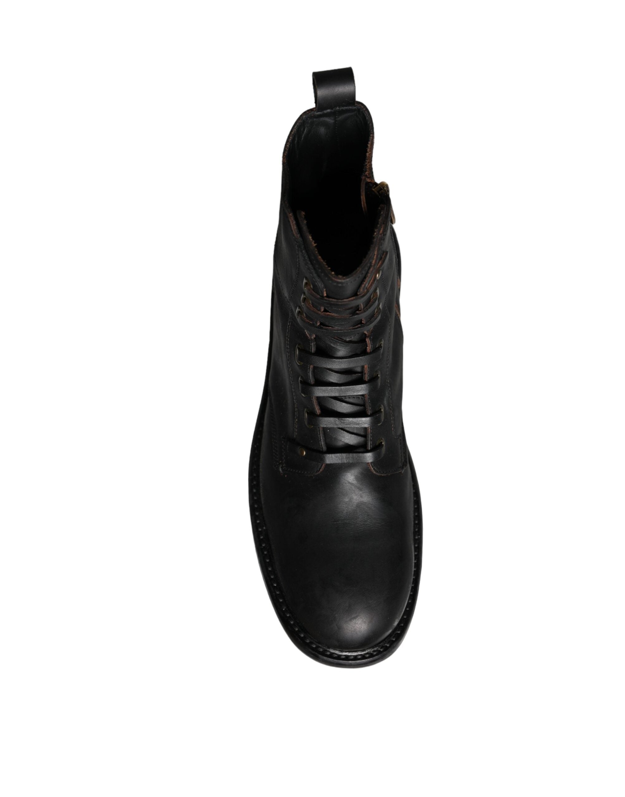 Bottes pour homme Dolce & Gabbana en cuir noir avec laçage mi-mollet, style élégant et moderne.