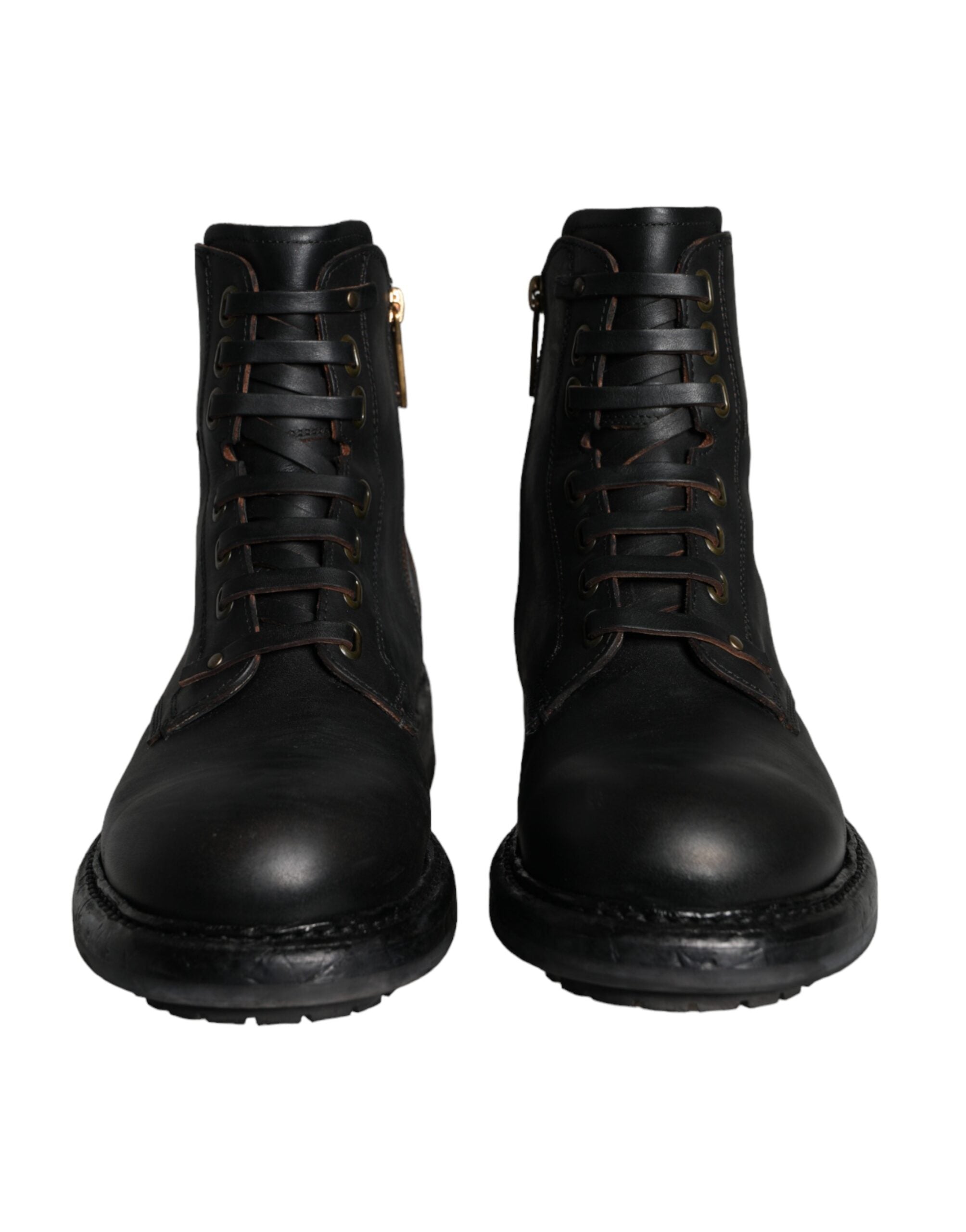 Bottes mi-mollet en cuir noir Dolce & Gabbana avec laçage pour hommes, chaussures élégantes et sophistiquées.