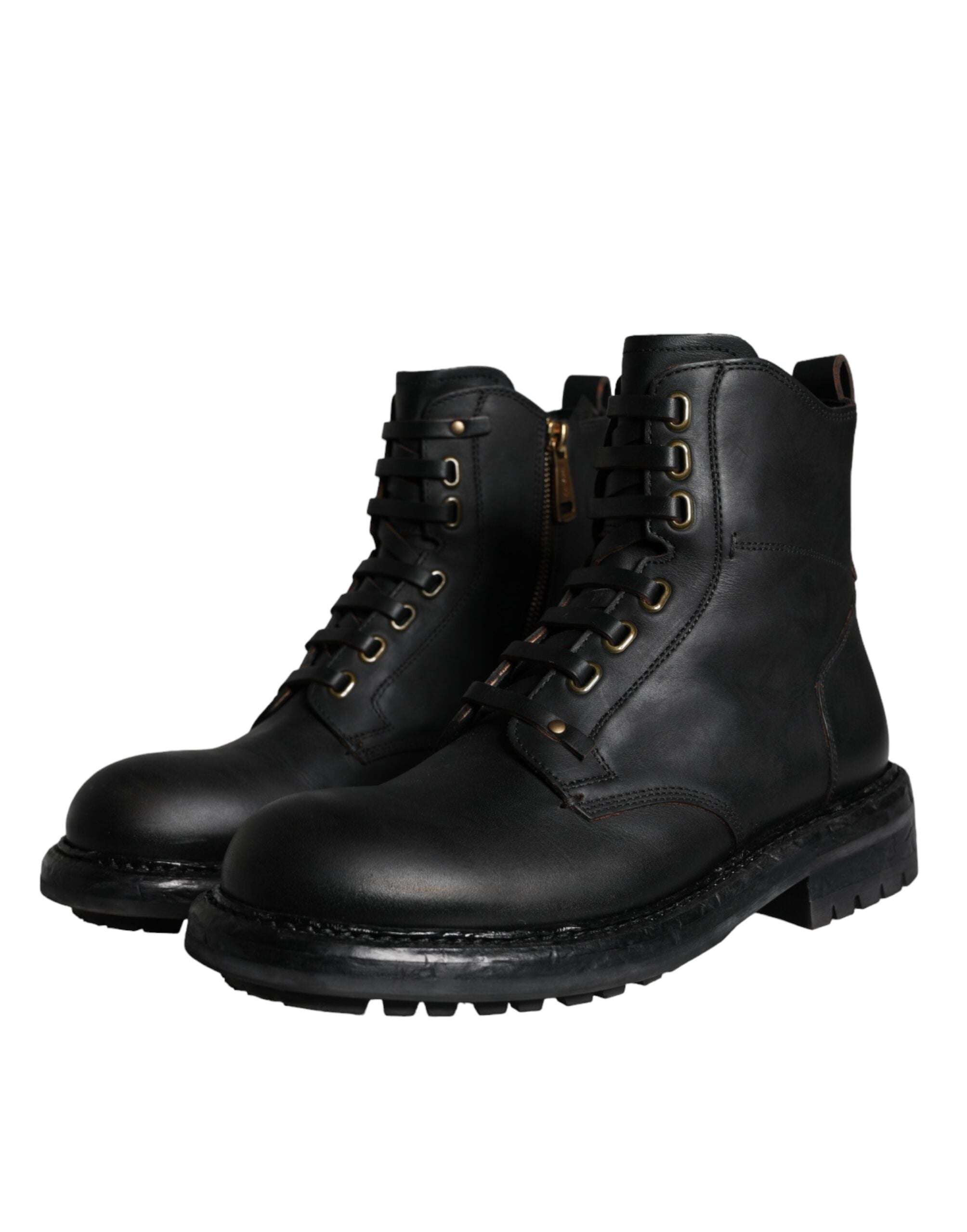 Bottes mi-mollet noires Dolce & Gabbana en cuir avec lacets pour hommes, style élégant et tendance.