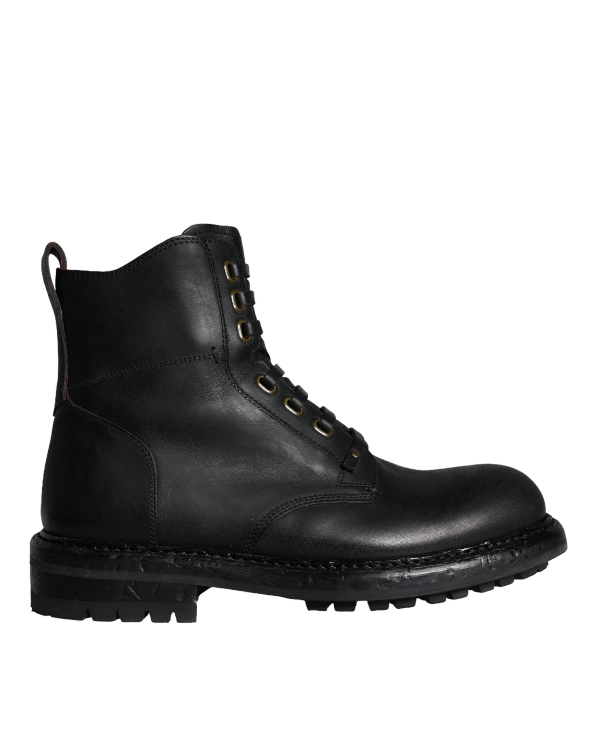 Bottes homme Dolce & Gabbana en cuir noir avec laçage, mi-mollet, style élégant et moderne.