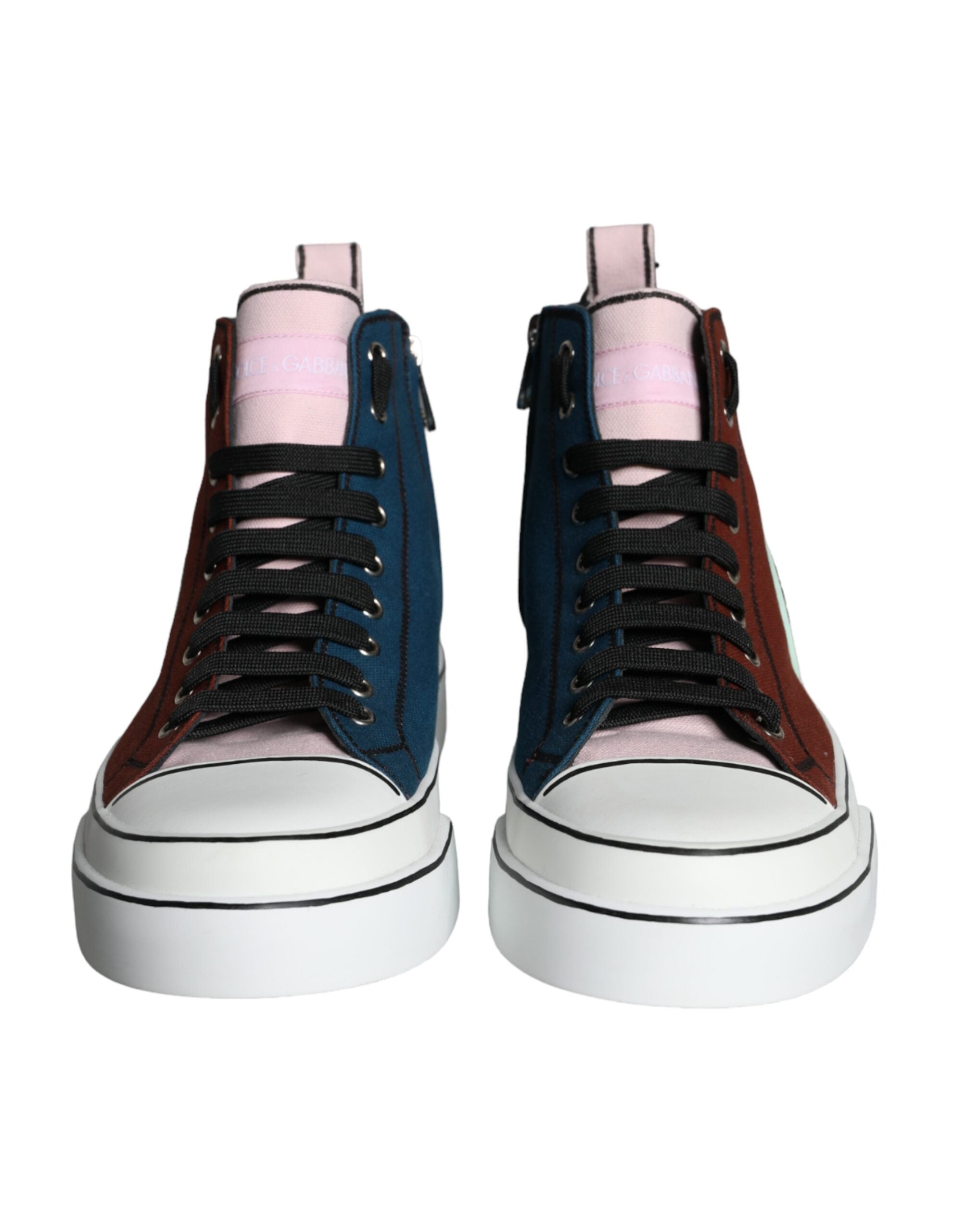 Chaussures baskets montantes Dolce & Gabbana à patchwork multicolore, design tendance et coloré, vues de face.