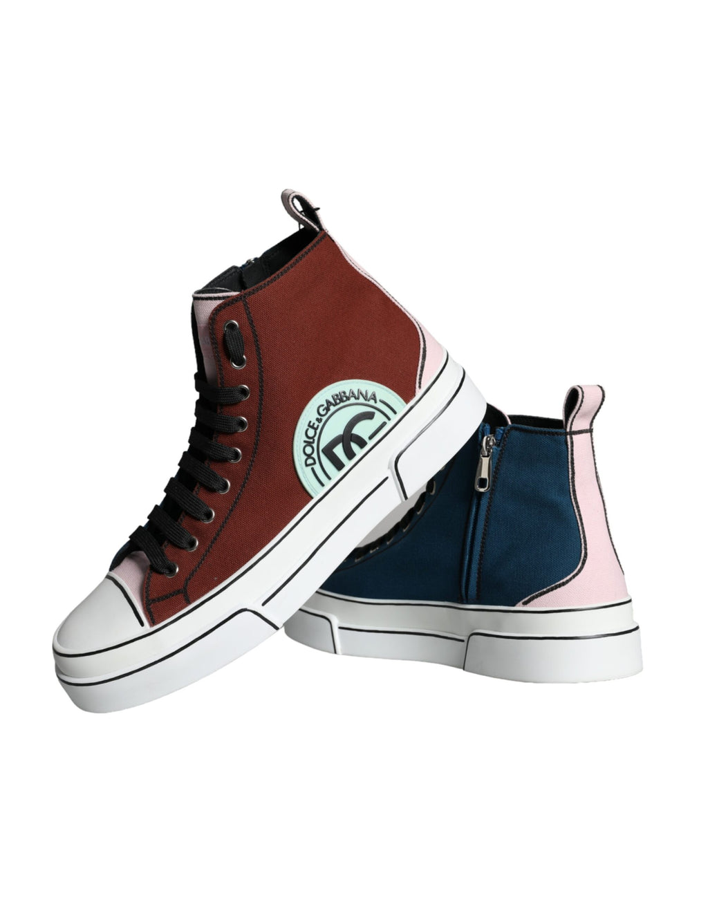 Chaussures sneakers montantes Dolce & Gabbana en patchwork multicolore, vue de face.