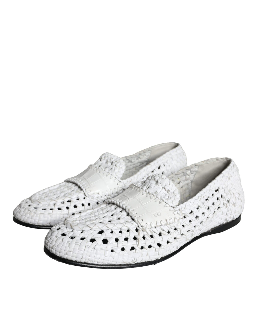 Mocassins pour hommes Dolce & Gabbana en cuir tissé blanc, slip-on élégants et confortables, vue de la chaussure de côté.