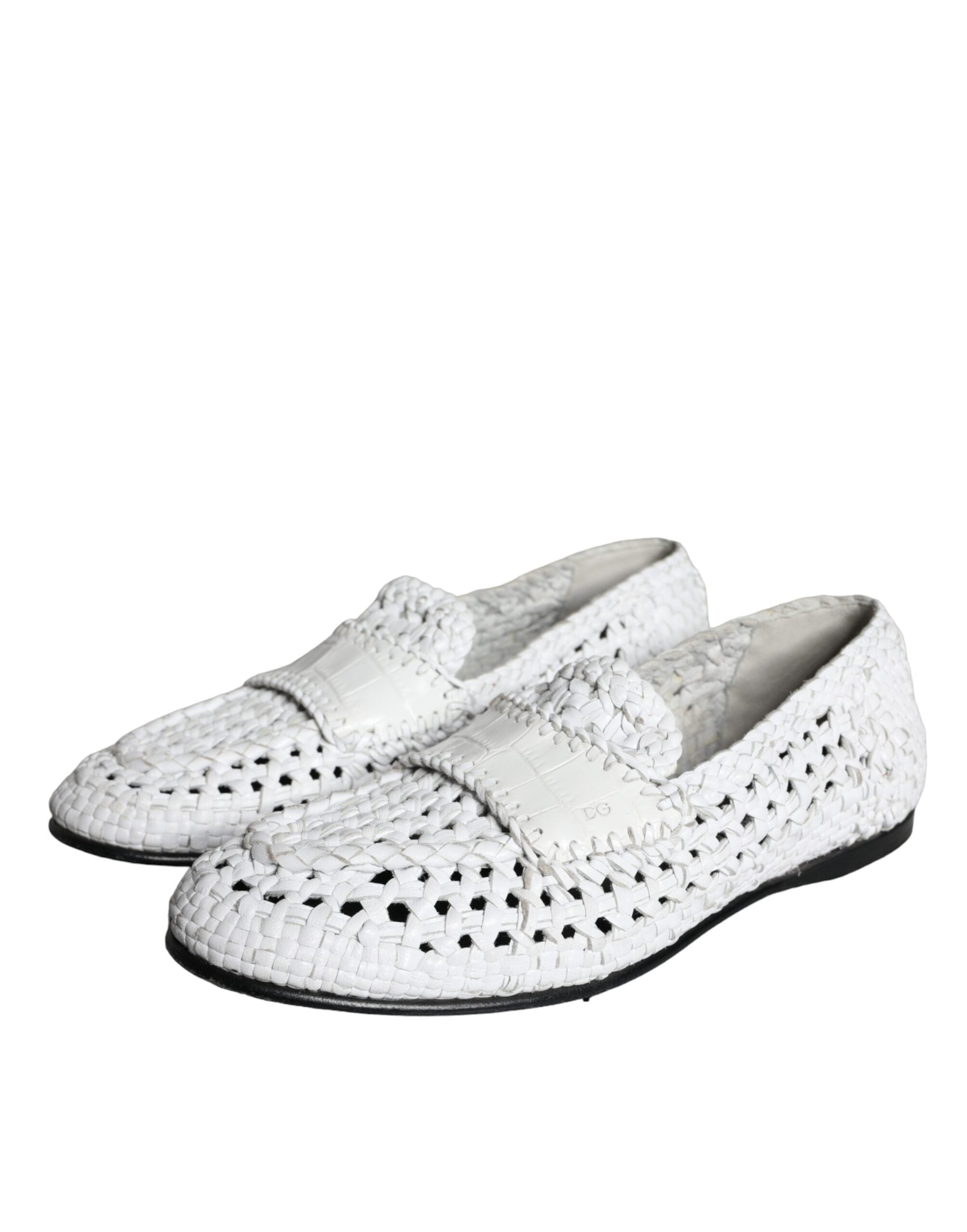 Mocassins pour hommes Dolce & Gabbana en cuir tissé blanc, slip-on élégants et confortables, vue de la chaussure de côté.