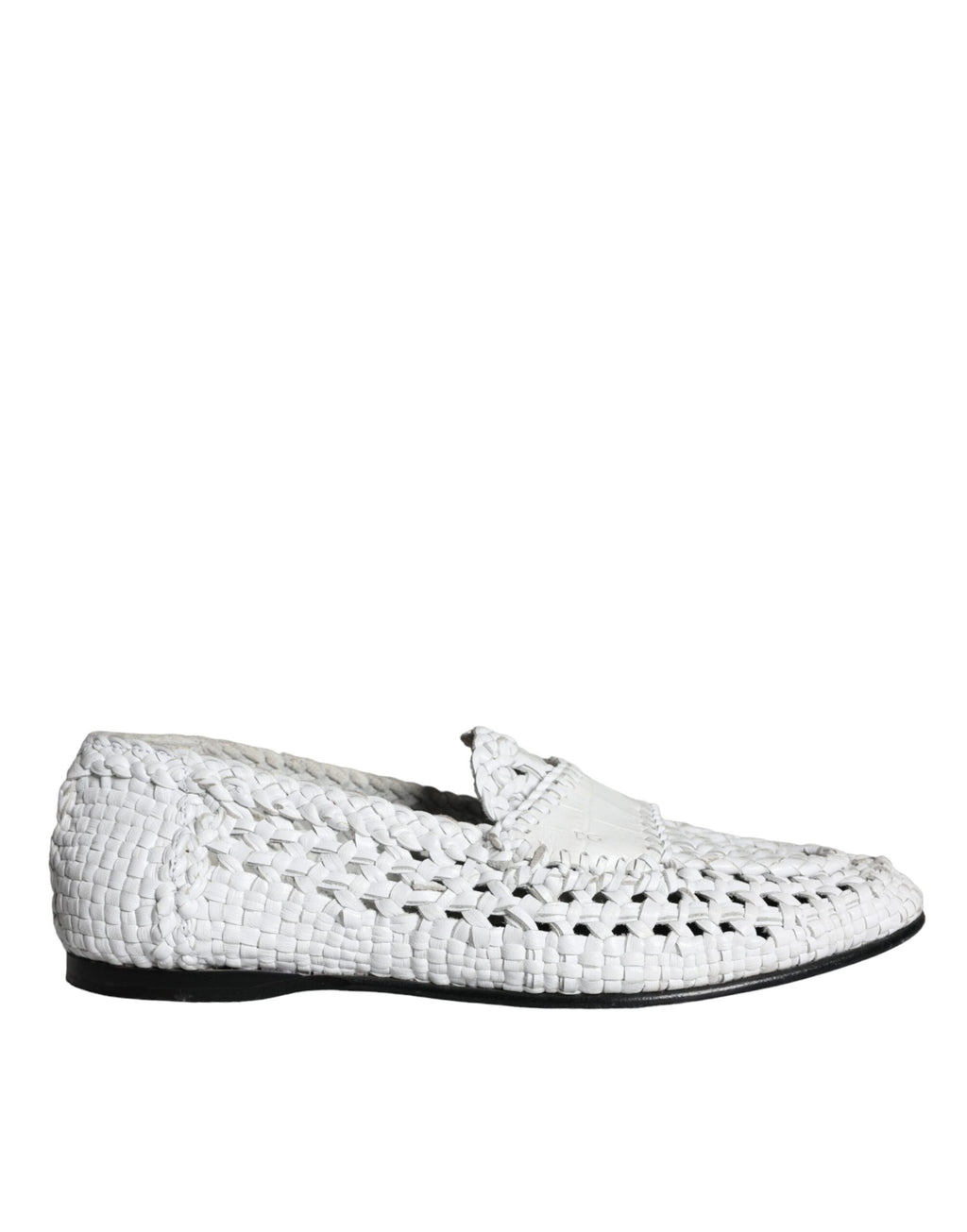 Chaussures hommes Dolce & Gabbana mocassins en cuir tressé blanc, faciles à enfiler, avec semelle en caoutchouc.
