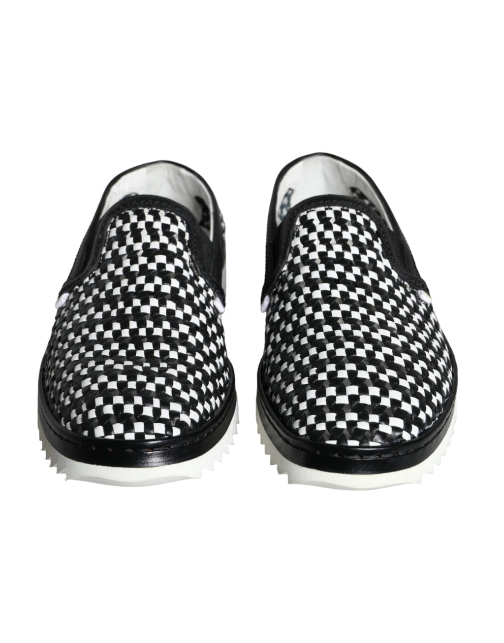 Chaussures mocassins slip-on Dolce & Gabbana noires et blanches avec tissage pour homme, élégantes et confortables.