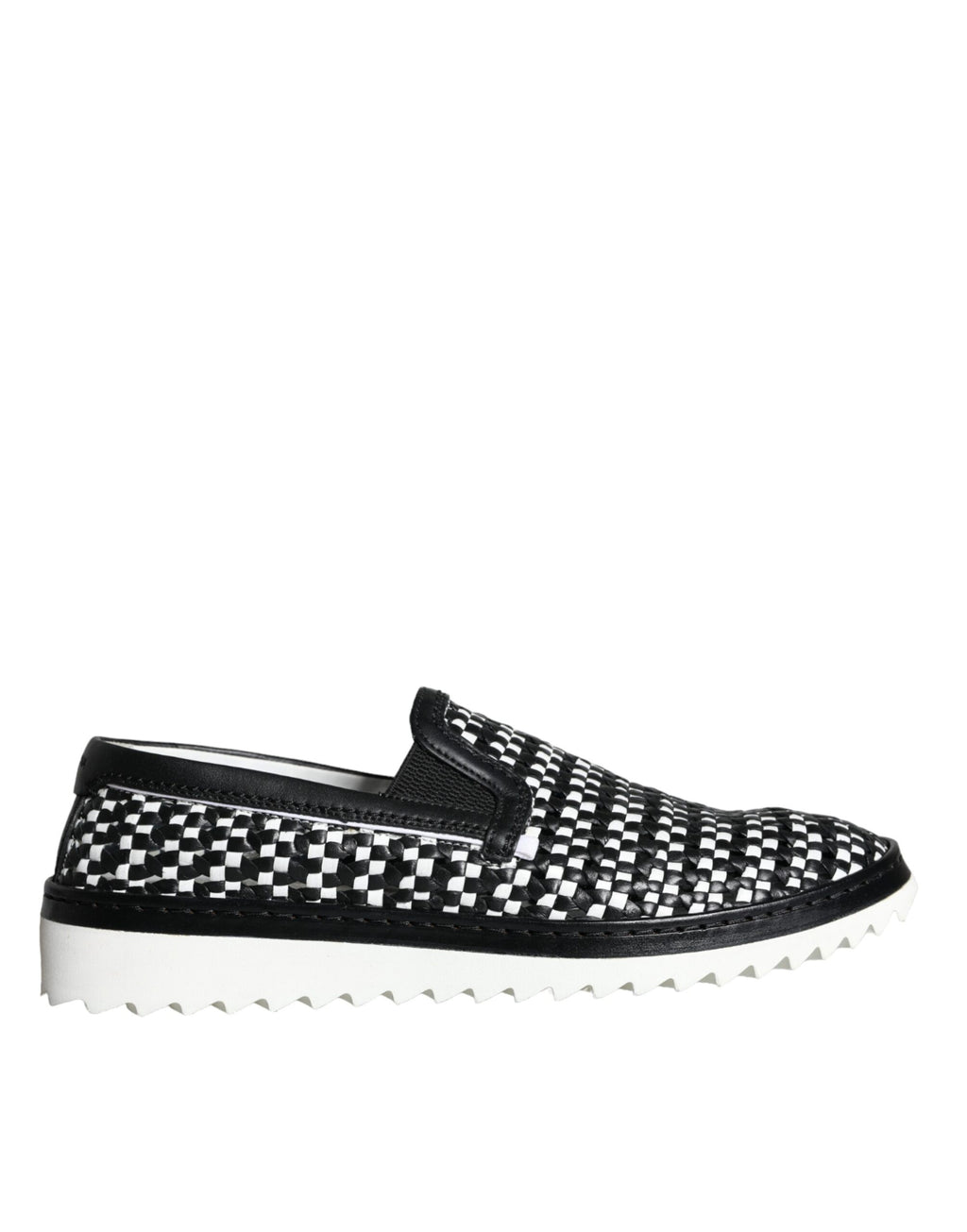 Chaussures mocassins Dolce & Gabbana pour homme, noir et blanc tissés, style slip-on élégant et confortable.