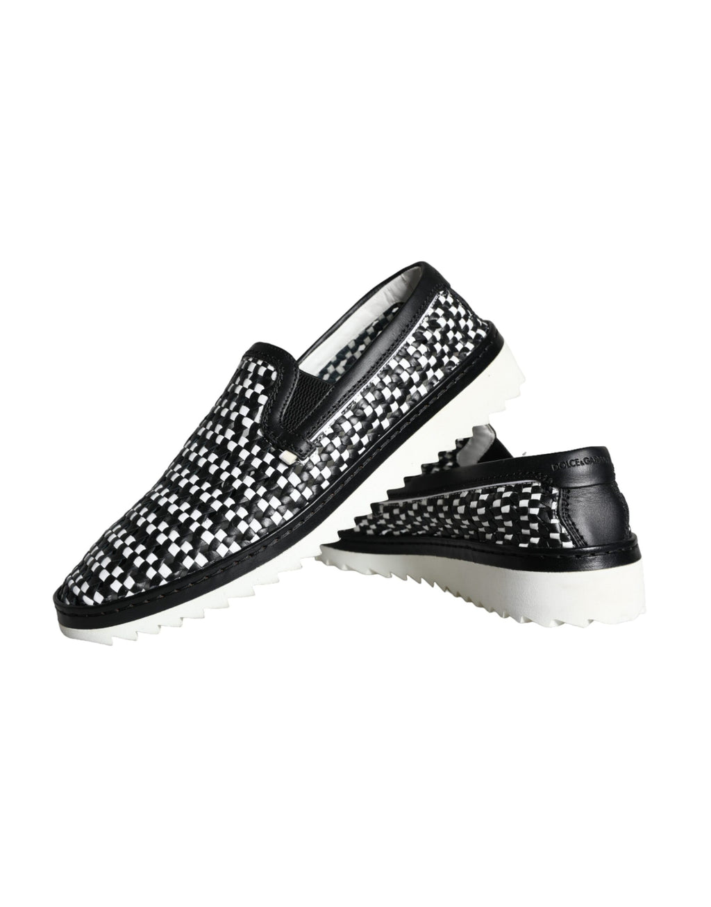 Chaussures mocassins Dolce & Gabbana pour hommes, en noir et blanc tissé, slip-on élégant et confortable.